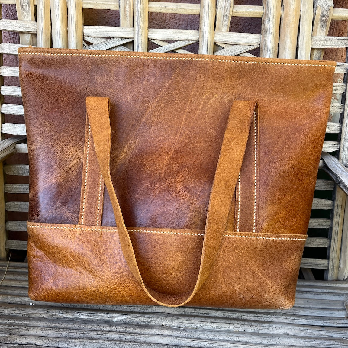 Chestnut Leather Tote with Pocket - Nourished Collection