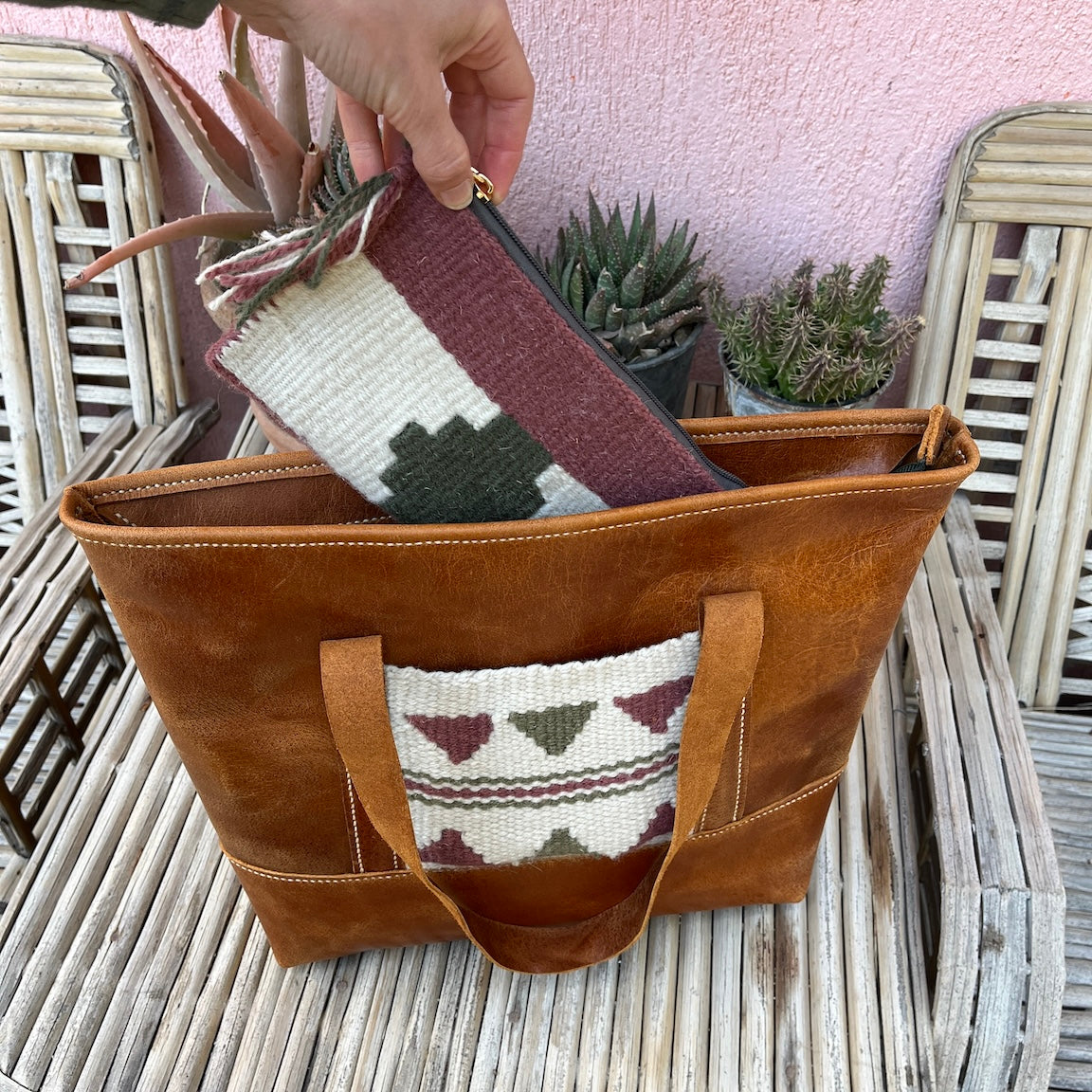 Chestnut Leather Tote with Pocket - Nourished Collection