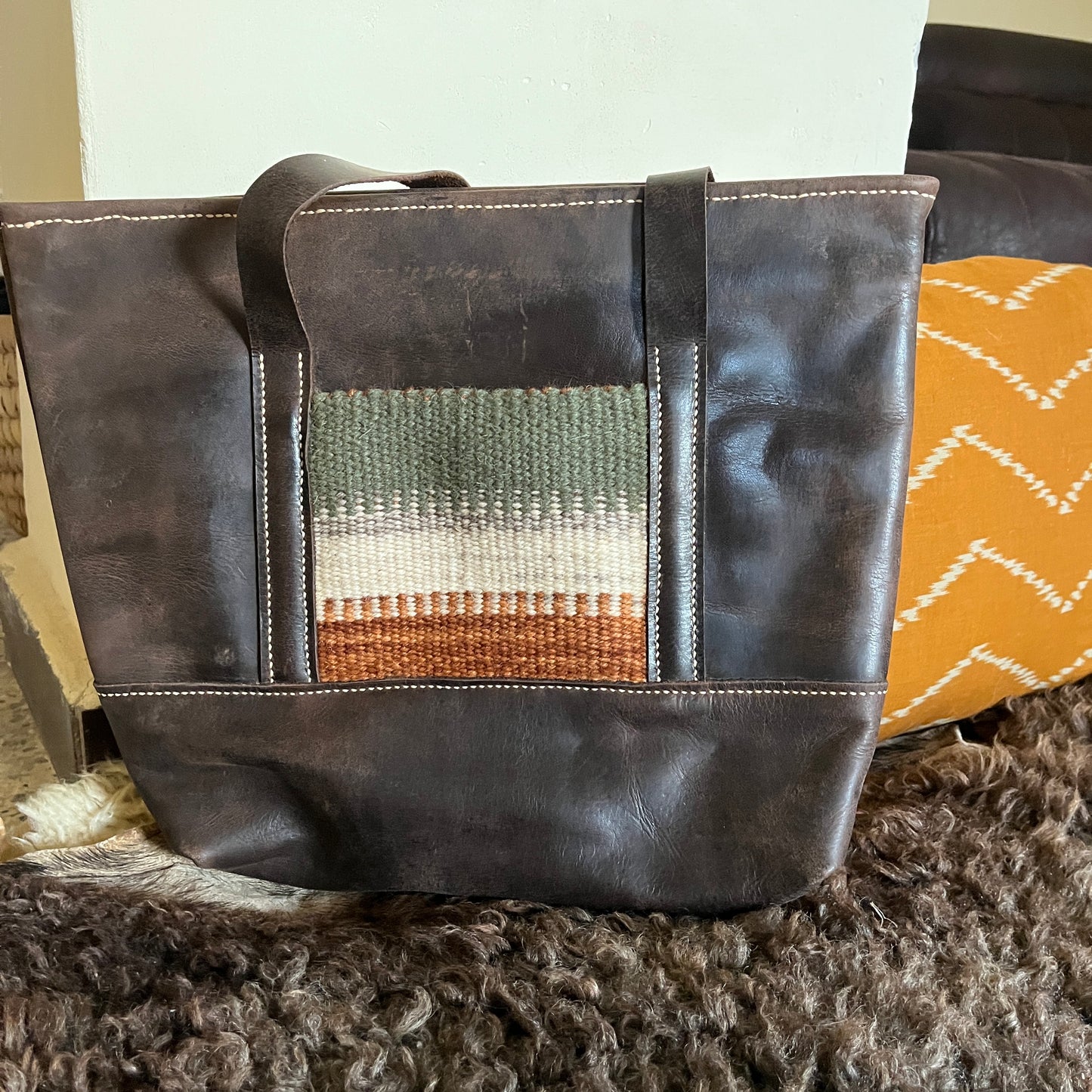 Leather Tote with Pocket--Autumnal Collection