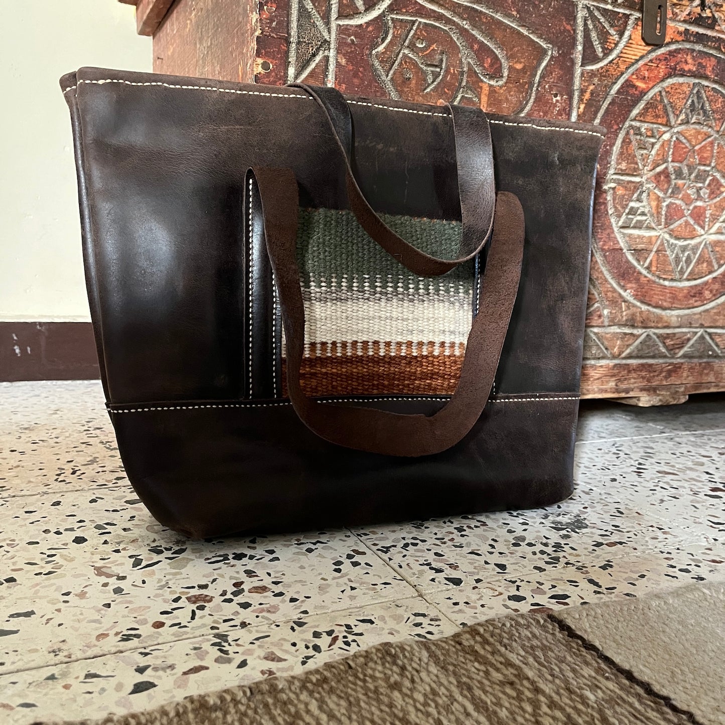 Leather Tote with Pocket--Autumnal Collection